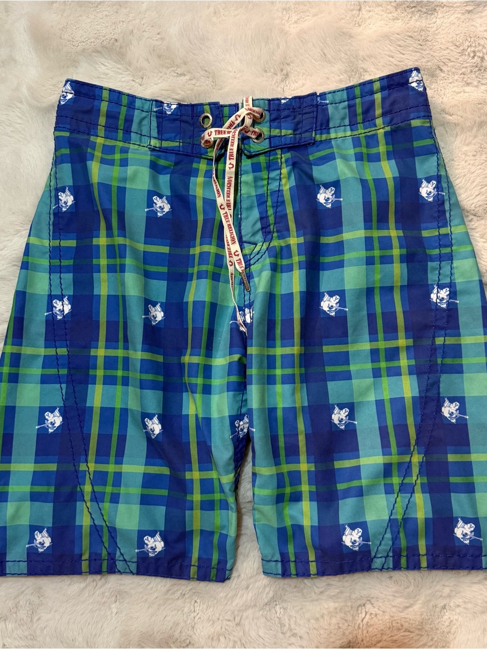 True Religion Blue & Green Plaid Swim Shorts